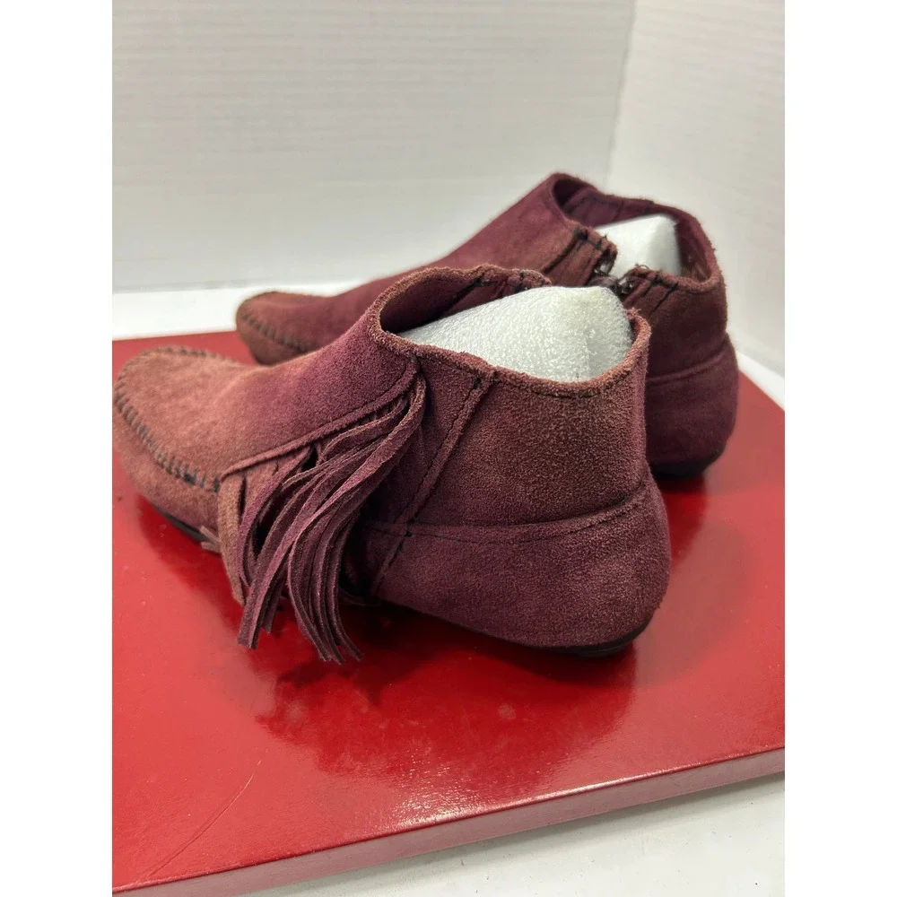 Minnetonka Fringe Suede Ankle Boots 5 Burgundy Moccasin Zip Boho Western Indie